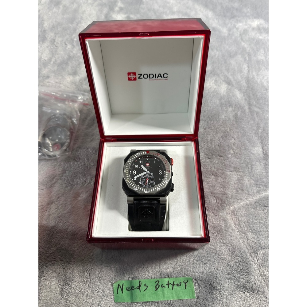 Zodiac Swiss Made 1882 Chronograph Watch Black Dial Rubber Strap Square Case